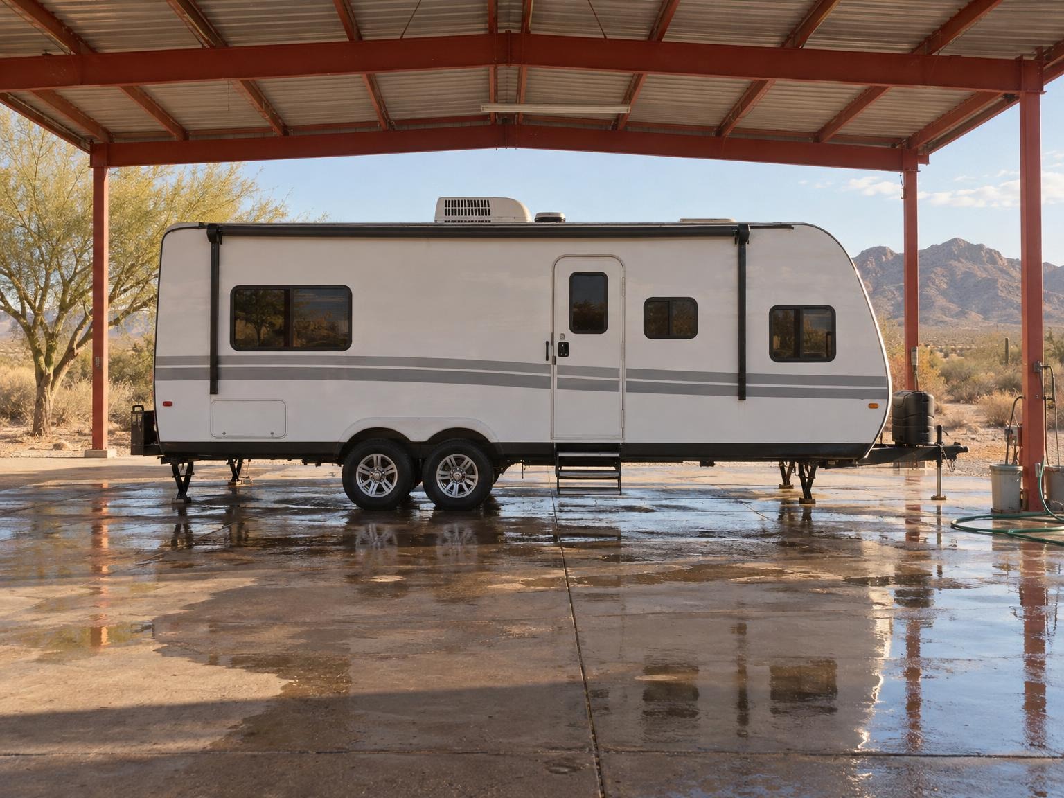 Freshly washed travel trailer parked under the shade canopy