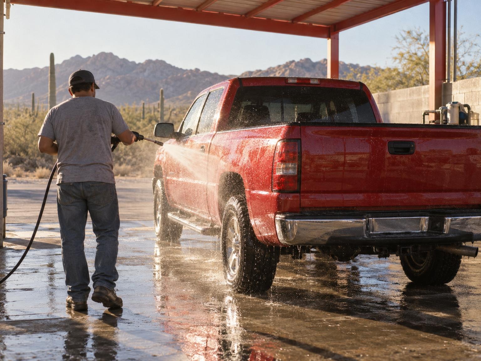 A red pickup truck being rinsed with a pressure washer under the red shade canopy