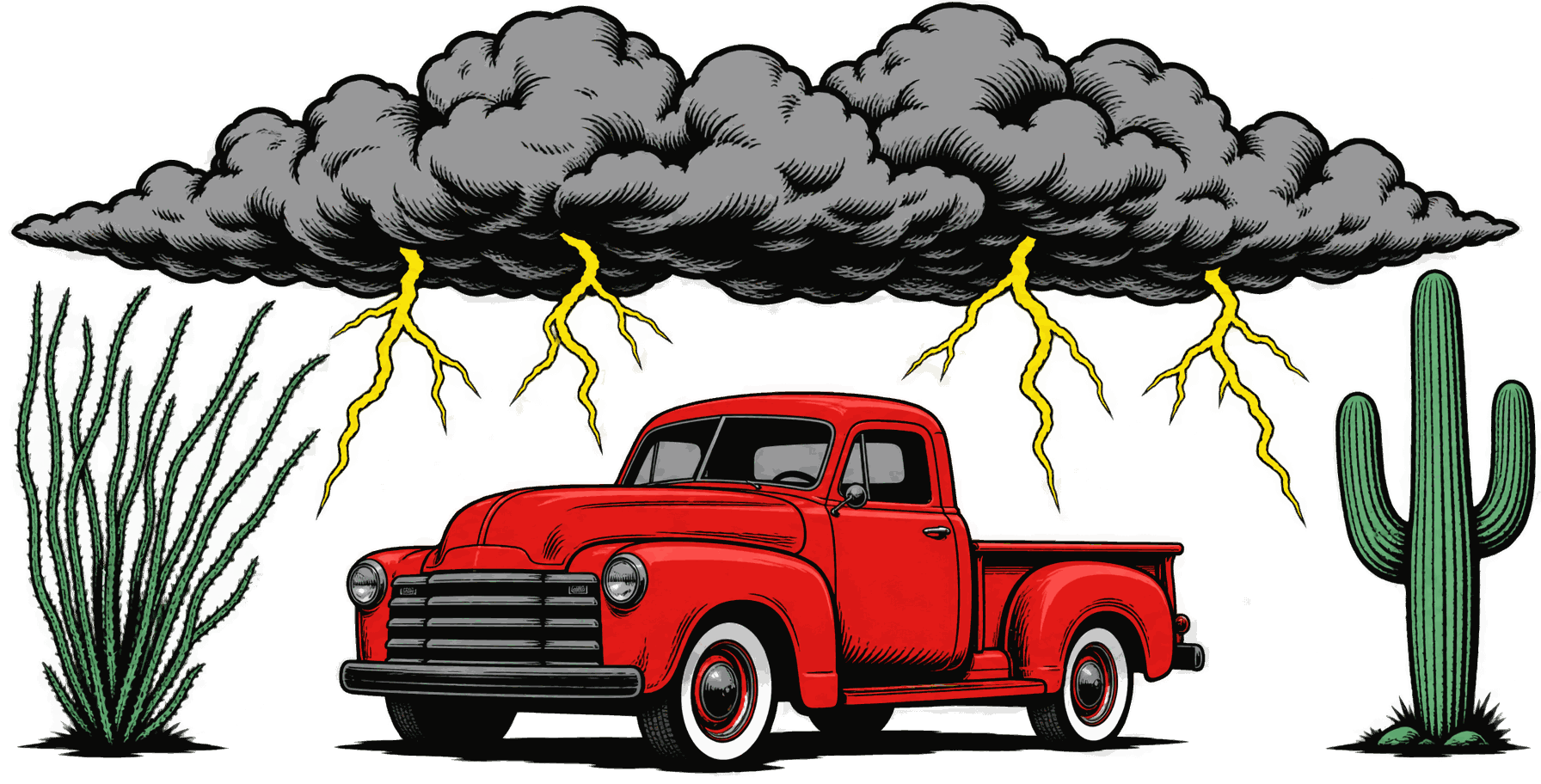 Thunderhead illustration: a red vintage pickup under a storm cloud between an ocotillo and a saguaro