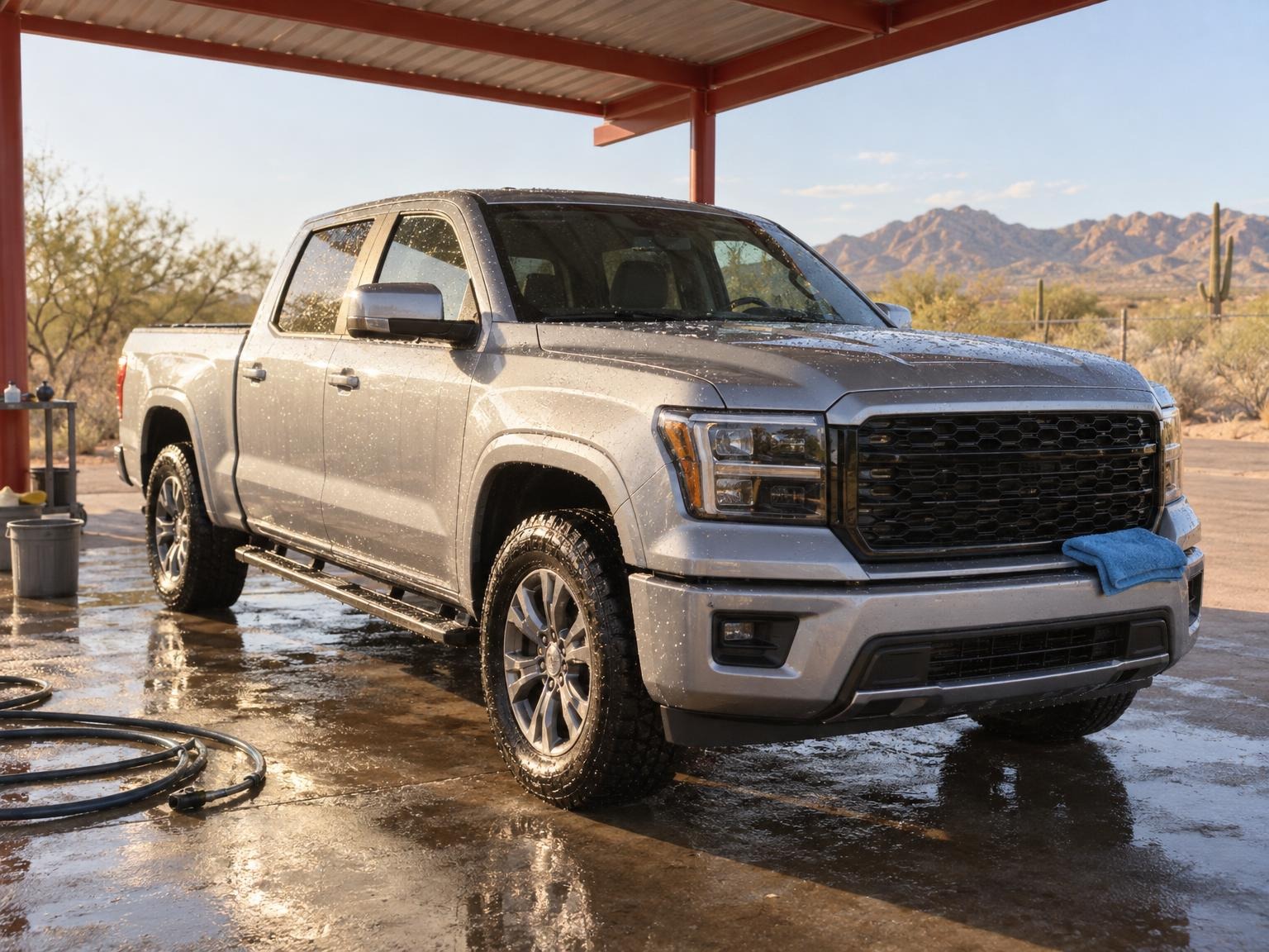 Silver pickup under the red canopy after a hand wash