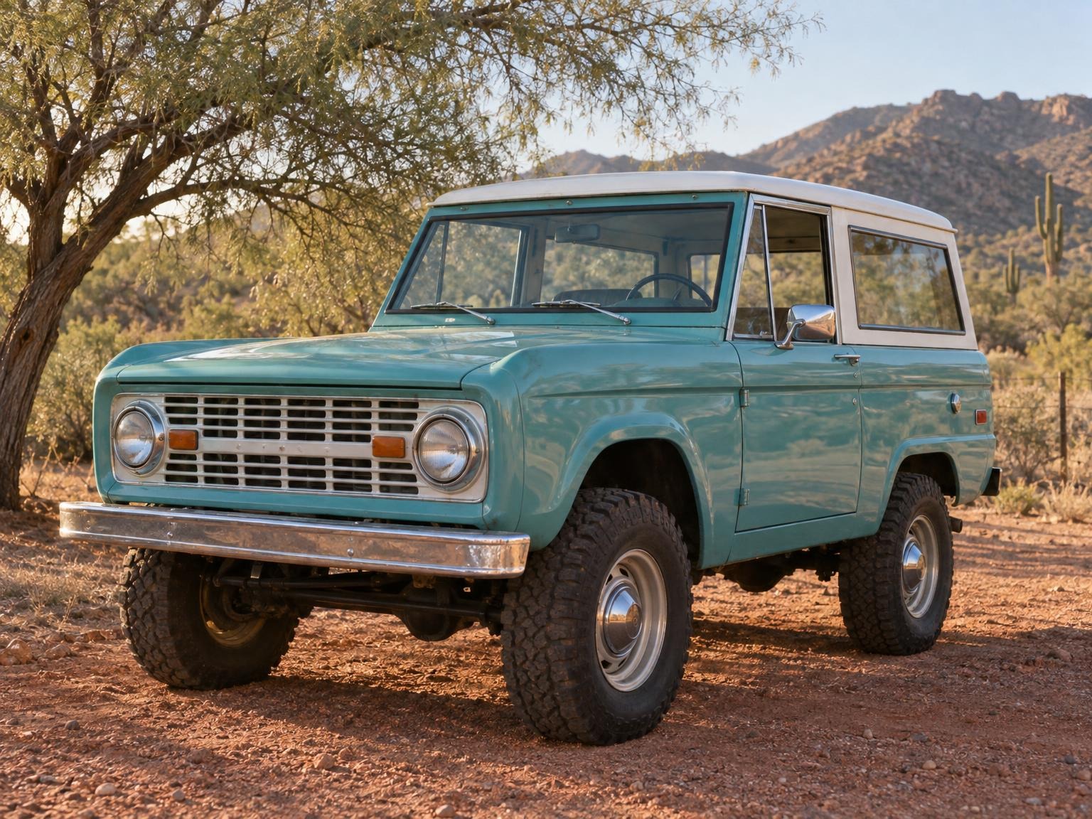 Turquoise vintage 4x4 with a white roof beside a mesquite tree
